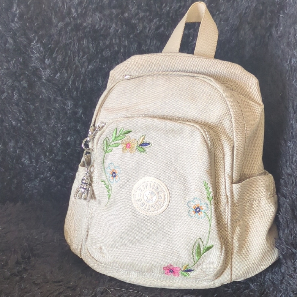 Kipling Beige Floral Embroidered Mini Backpack